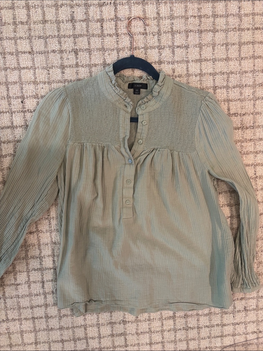 J. Crew Sage Green Smocked Yoke Ruffle Collar Blouse